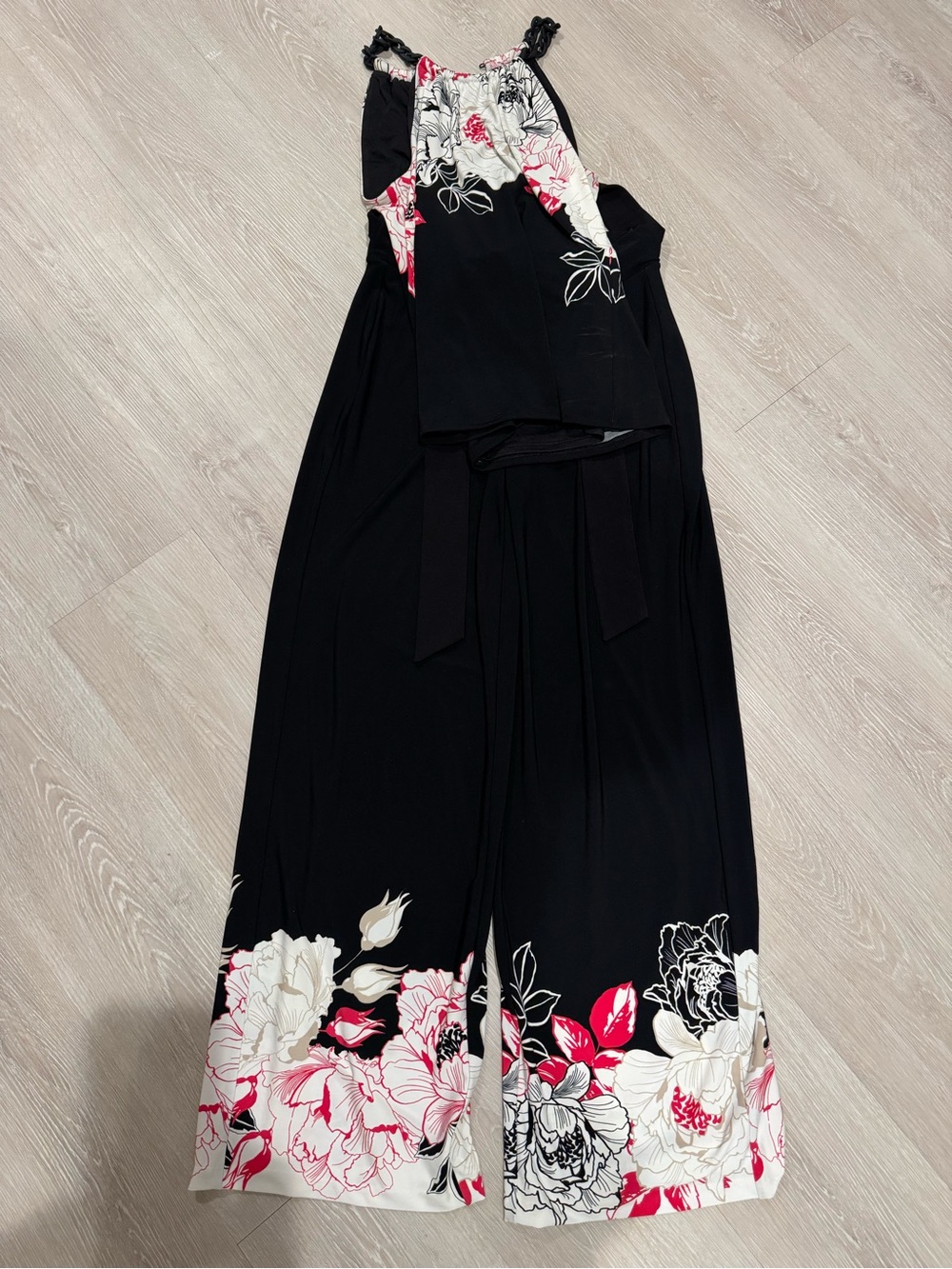Black Floral Halter set with Pink & White Blooms